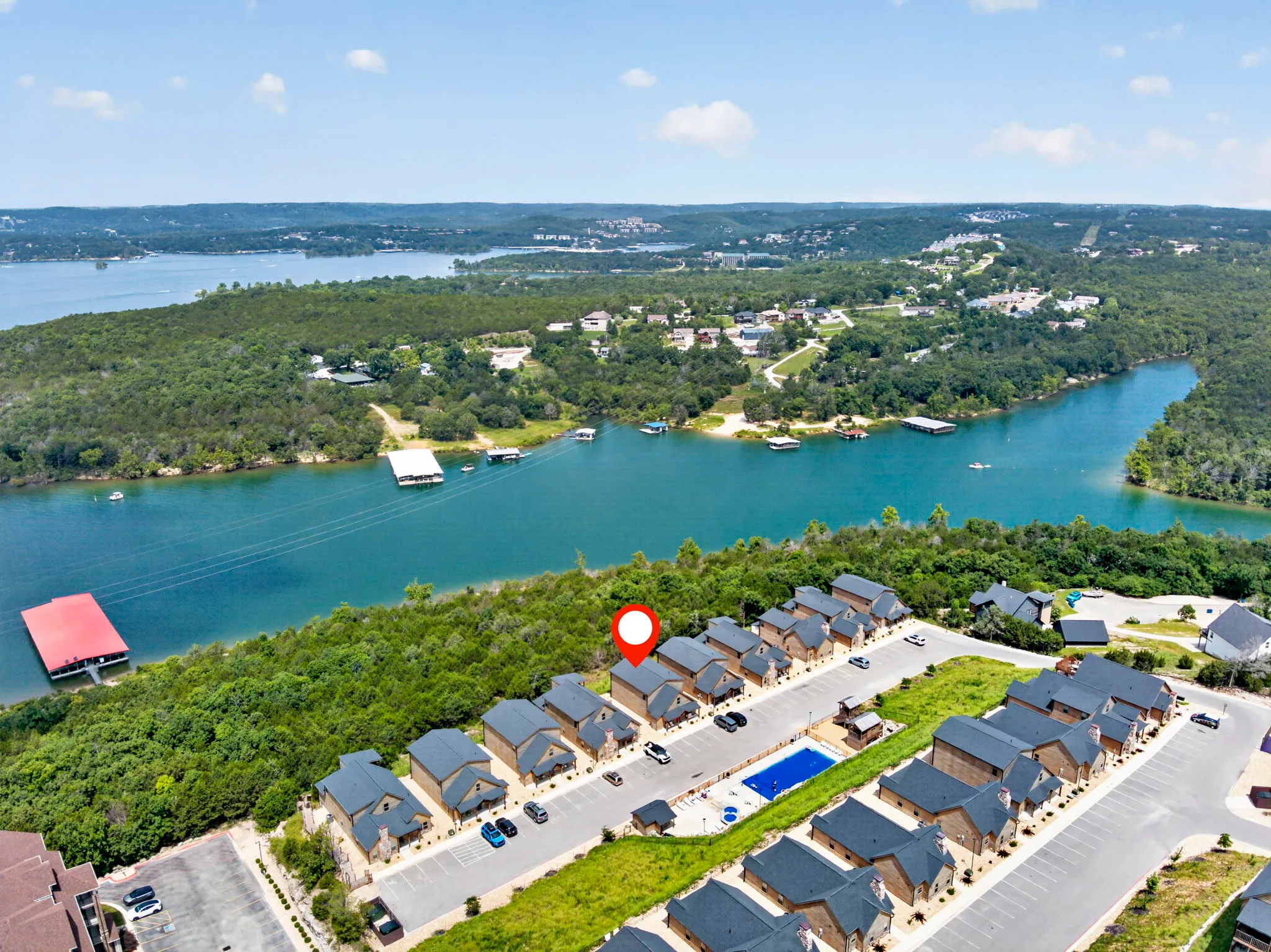 Wide aerial over Table Rock Lake and the Branson hills