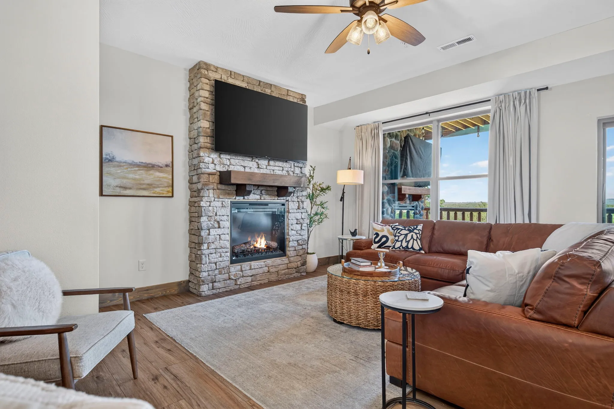 Cozy up by the fireplace with Table Rock Lake views