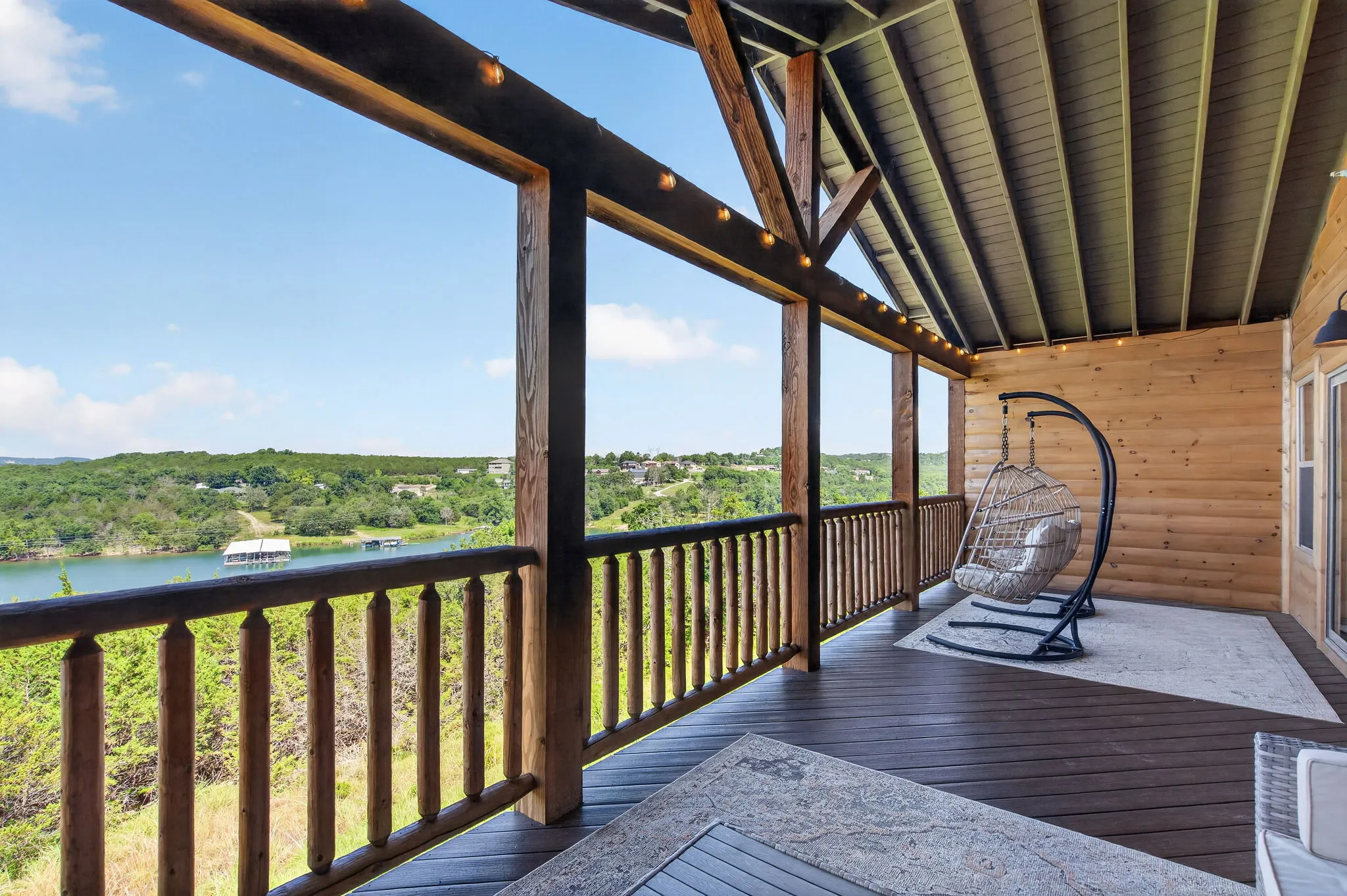 Patio seating with views toward the resort and lake