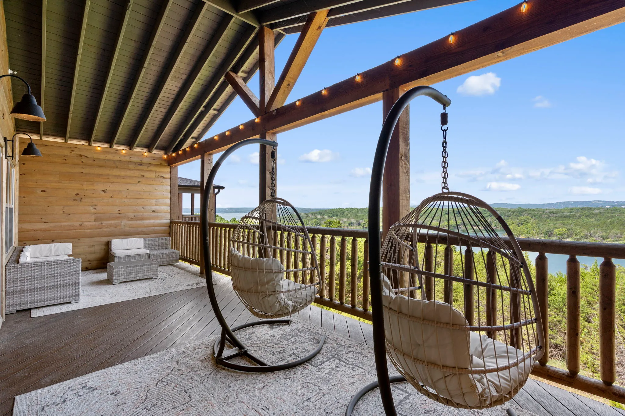 Porch swings overlooking the neighborhood and lake